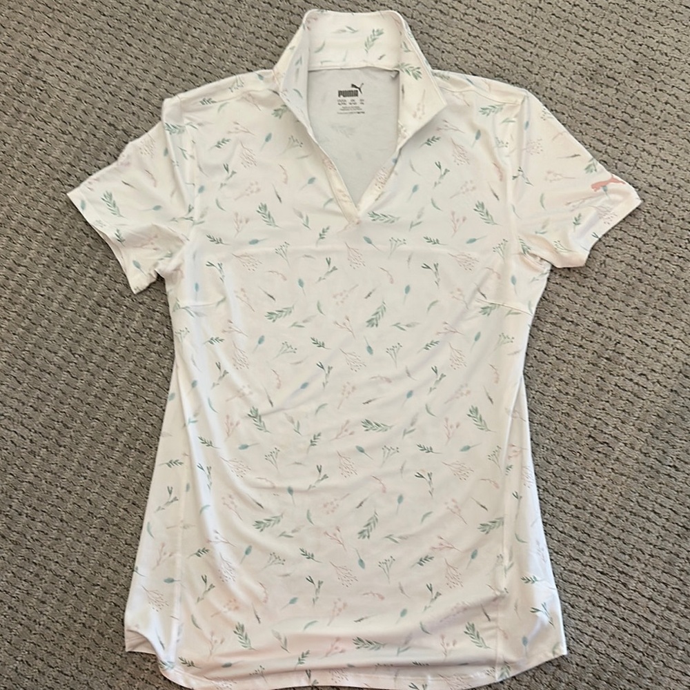 Puma Kids Polo Shirt - White with Green Pattern